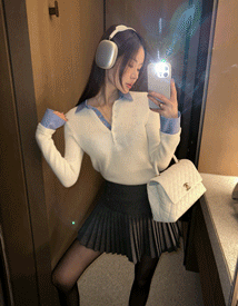 Slander check collar knit