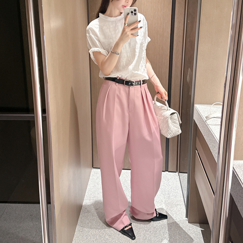 Twill pin-tuck wide slacks