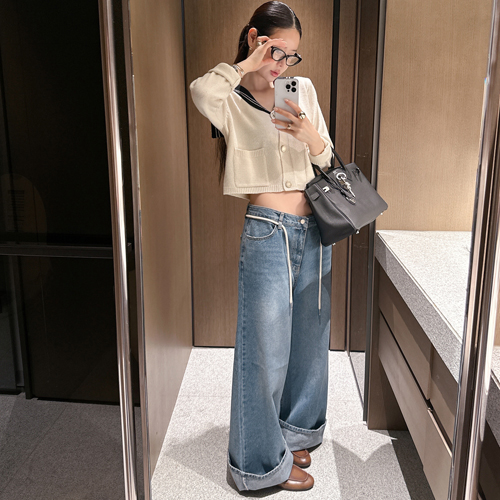 Blonde string denim pants