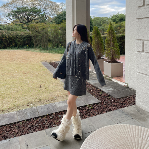 Beads flower wool dress