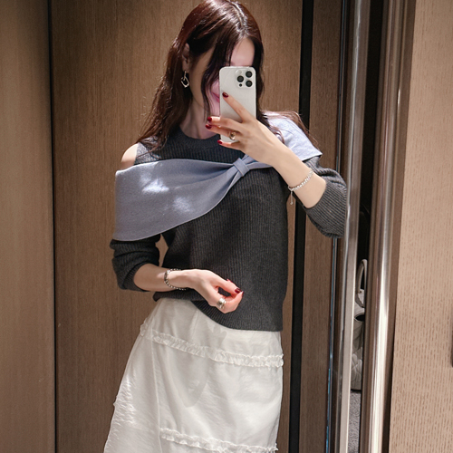 Ribbon shoulder cash wool knit