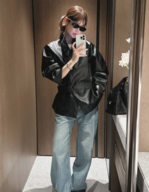 Leather high-neck half coat