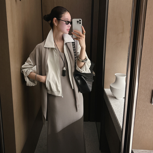 Dobby leather zip-up jacket